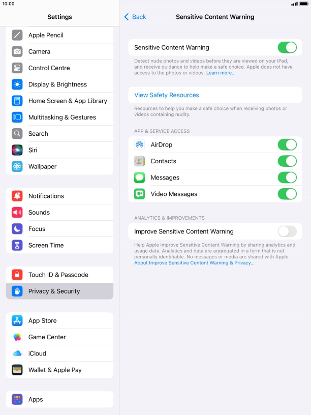Press the indicators next to the required applications to turn the function on or off. Press the indicators next to the required applications to turn the function on or off.