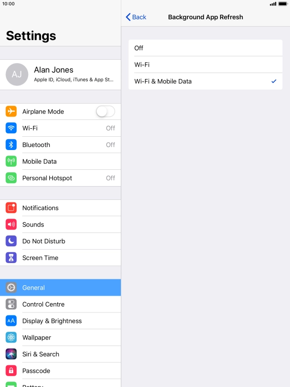 To turn off background refresh of apps, press Off.