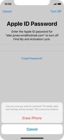 Key in the password for your Apple ID and press Erase iPhone. Wait a moment while the factory default settings are restored. Follow the instructions on the screen to set up your phone and prepare it for use.