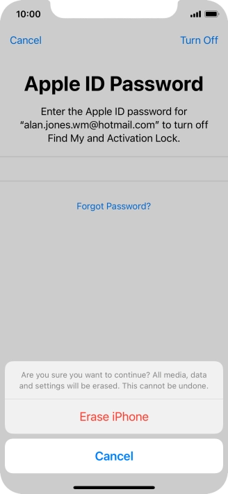 Key in the password for your Apple ID and press Erase iPhone. Wait a moment while the factory default settings are restored. Follow the instructions on the screen to set up your phone and prepare it for use.