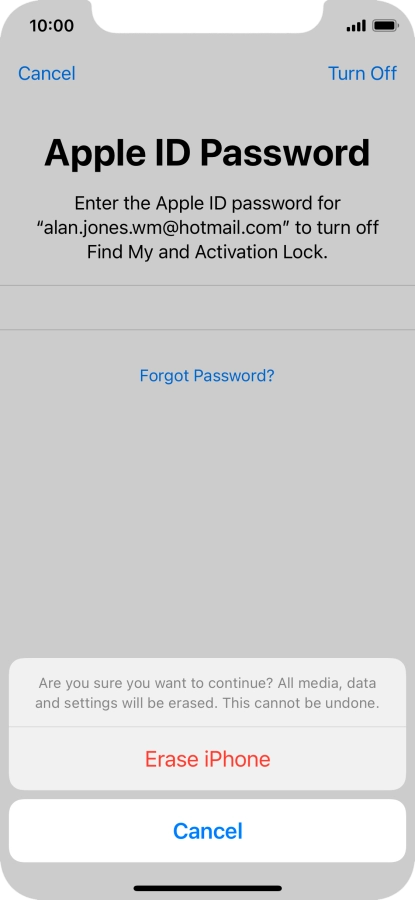 Key in the password for your Apple ID and press Erase iPhone. Wait a moment while the factory default settings are restored. Follow the instructions on the screen to set up your phone and prepare it for use.