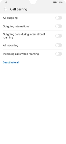 Press the indicator next to the required barring type to turn the function on or off.