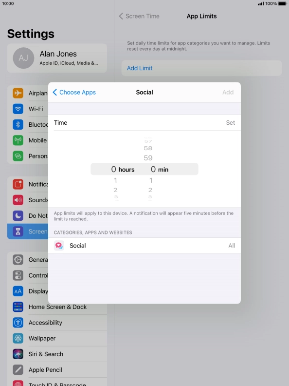 Set the required time limit for use of the selected category.