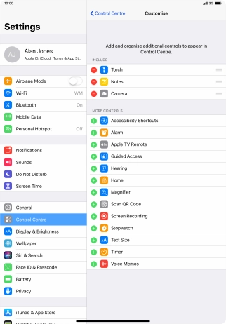 Press the delete icon next to the required function to remove it from Control Centre.
