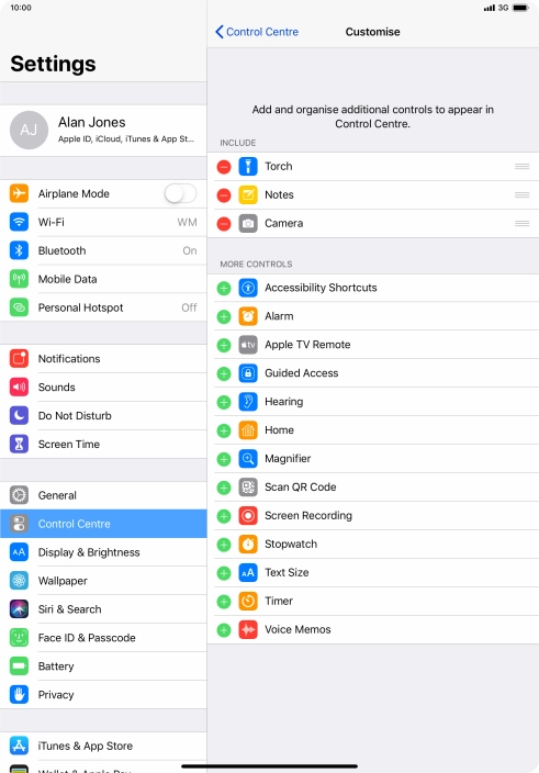 Press the delete icon next to the required function to remove it from Control Centre.