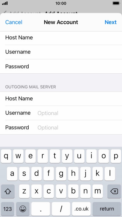 Press Username and key in the username for your email account. Please note that if you're using Vodafone's outgoing server, leave the username field empty. Press Username and key in the username for your email account. Please note that if you're using Vodafone's outgoing server, leave the username field empty.