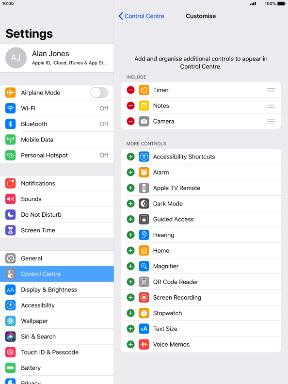 Press the delete icon next to the required function to remove it from Control Centre.