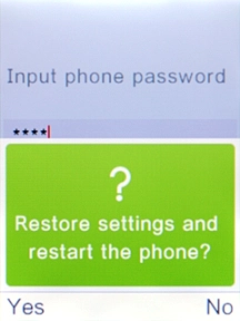 Press the Left selection key to confirm. Wait a moment while the factory default settings are restored. 
Follow the instructions on the screen to set up your phone and prepare it for use.