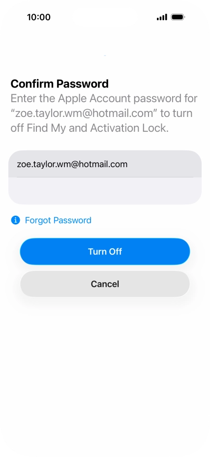 Key in the password for your Apple Account and press Turn Off. Wait a moment while the factory default settings are restored. Follow the instructions on the screen to set up your phone and prepare it for use.