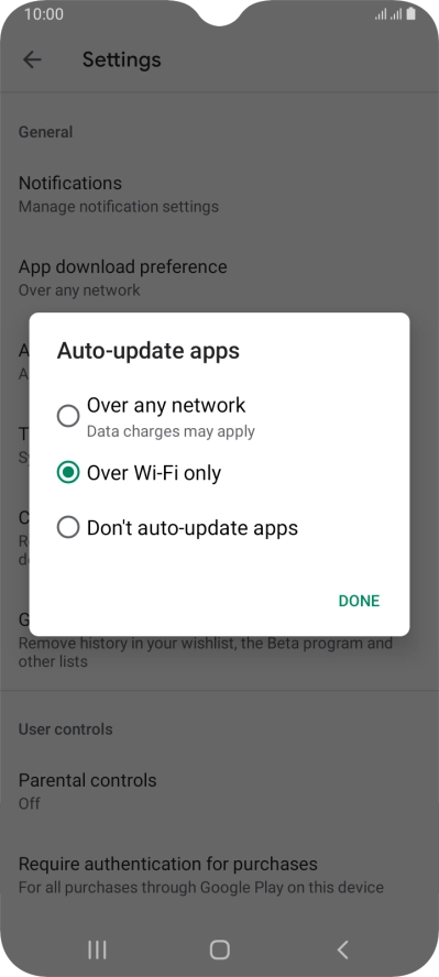 To turn on automatic update of apps using mobile network, press Over any network.