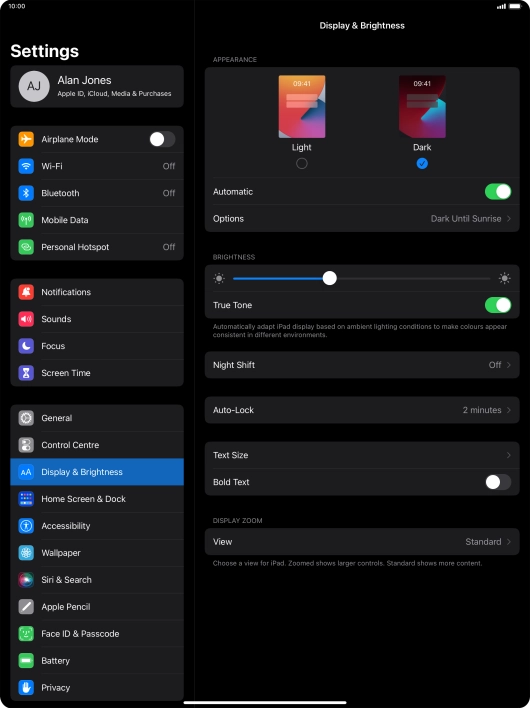 If you turn on the function, press Options and follow the instructions on the screen to select the required period of time for Dark Mode.