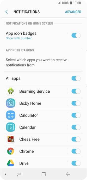 Press the indicator next to the required app to turn the function on or off.