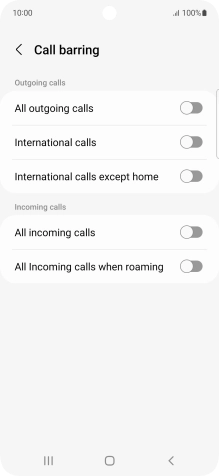 Press the indicator next to the required barring type to turn the function on or off.