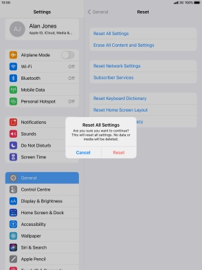 Press Reset. Wait a moment while the factory default settings are restored. Follow the instructions on the screen to set up your tablet and prepare it for use.