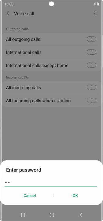 Key in your barring password and press OK. The default barring password is 0000.