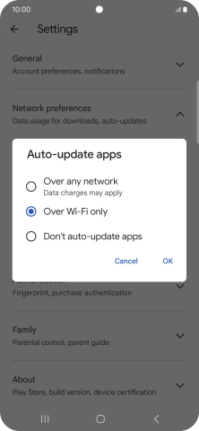 To turn on automatic update of apps using mobile network, press Over any network. To turn on automatic update of apps using mobile network, press Over any network.