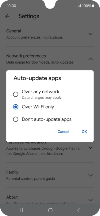 To turn on automatic update of apps using mobile network, press Over any network.