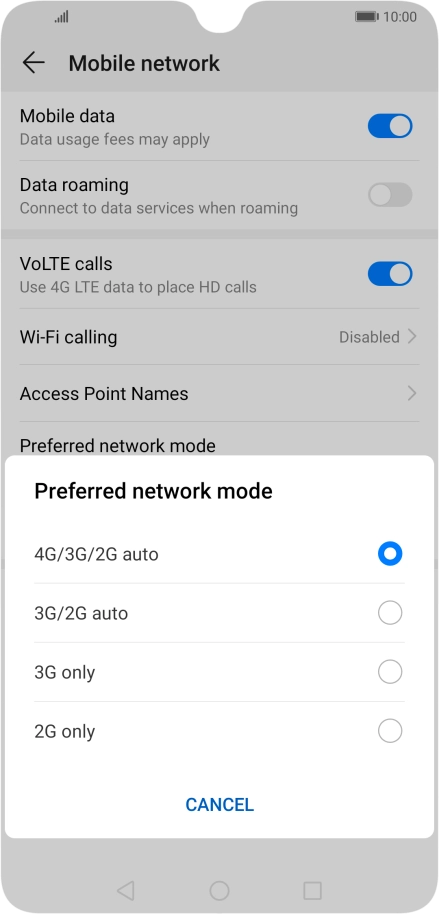 Press the required network mode.