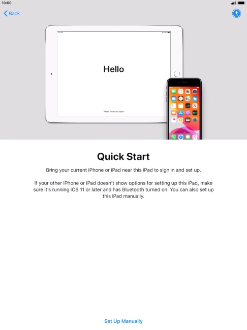 Follow the instructions on the screen to transfer content from another device running iOS 11 or later or press Set Up Manually. Follow the instructions on the screen to transfer content from another device running iOS 11 or later or press Set Up Manually.