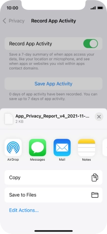 Press the required setting and follow the instructions on the screen to share or save the app activity report.