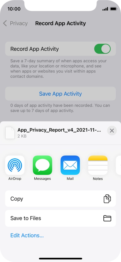 Press the required setting and follow the instructions on the screen to share or save the app activity report.