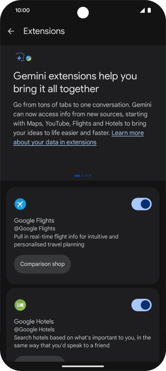 Press the indicator next to the required extension to turn on the function.
