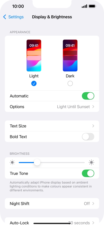 If you turn on the function, press Options and follow the instructions on the screen to select the required period of time for Dark Mode.