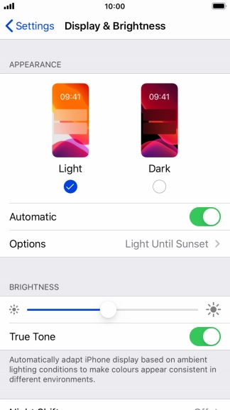 If you turn on the function, press Options and follow the instructions on the screen to select the required period of time for Dark Mode.