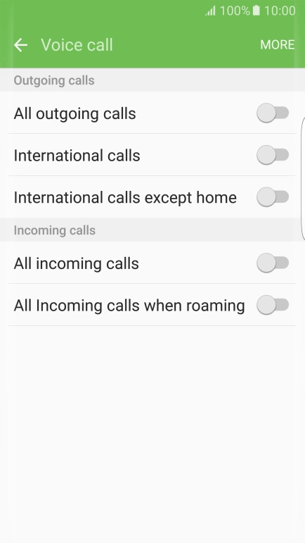 Press the indicator next to the required barring type to turn the function on or off.