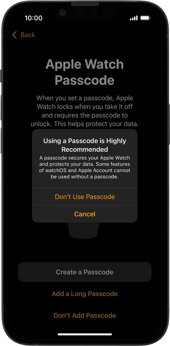 On your phone: Press Don't Use Passcode.