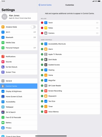 Press the delete icon next to the required function to remove it from Control Centre.