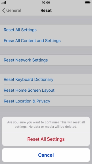 Press Reset All Settings. Wait a moment while the factory default settings are restored. Follow the instructions on the screen to set up your phone and prepare it for use.
