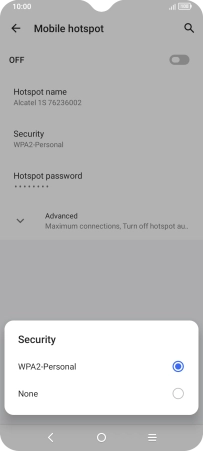 Press WPA-2 Personal to password protect your Wi-Fi hotspot.
