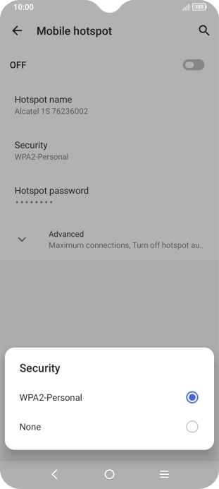 Press WPA-2 Personal to password protect your Wi-Fi hotspot.