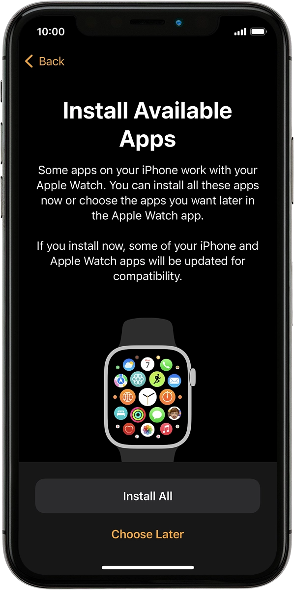 On your phone: Press Install All to install compatible apps from your phone on your Apple Watch. Wait a moment while the apps are installed.