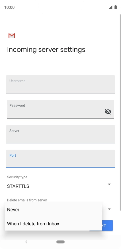 Press Never to keep email messages on the server when you delete them on your phone.