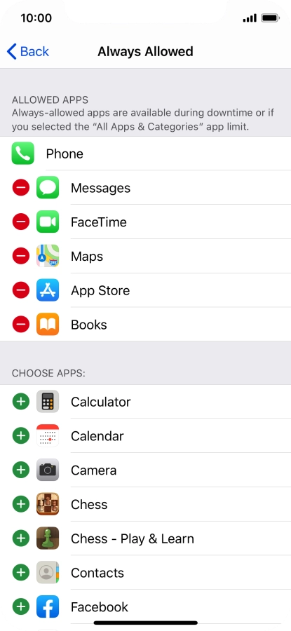 Press the remove icon next to the required app to remove it from the list of allowed apps during Downtime.