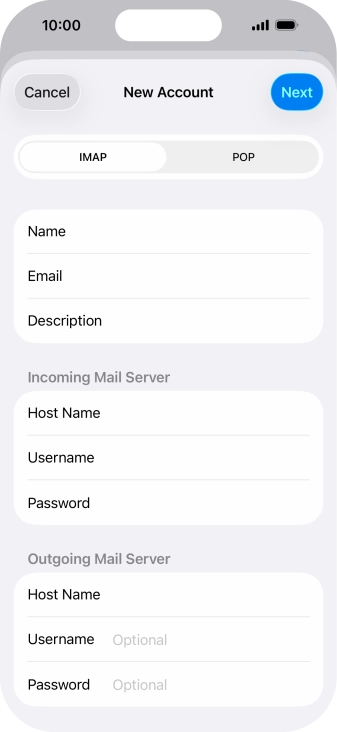 Press Username and key in the password for your email account. Please note that if you're using Vodafone's outgoing server, leave the password field empty. Press Username and key in the password for your email account. Please note that if you're using Vodafone's outgoing server, leave the password field empty.