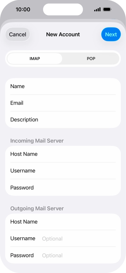 Press Username and key in the password for your email account. Please note that if you're using Vodafone's outgoing server, leave the password field empty. Press Username and key in the password for your email account. Please note that if you're using Vodafone's outgoing server, leave the password field empty.