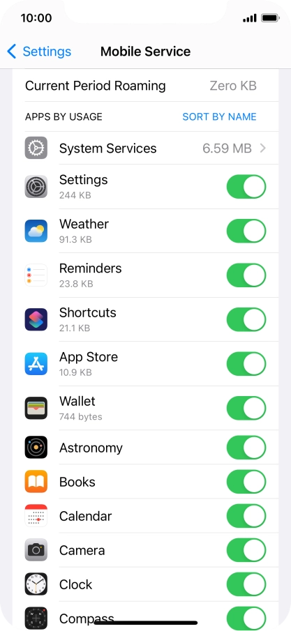 The data usage for each application is displayed below the name of the application.
