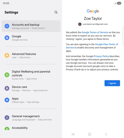 Press I agree and follow the instructions on the screen to select settings for your Google account.