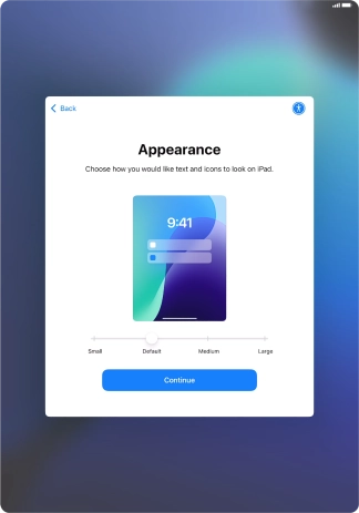 Select the required text and icon size on your tablet and press Continue.