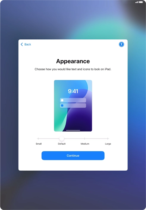 Select the required text and icon size on your tablet and press Continue.