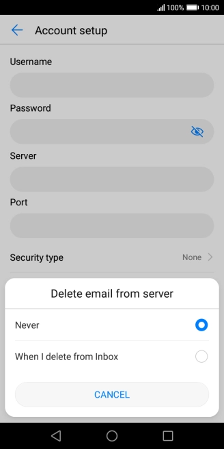Press Never to keep email messages on the server when you delete them on your phone.