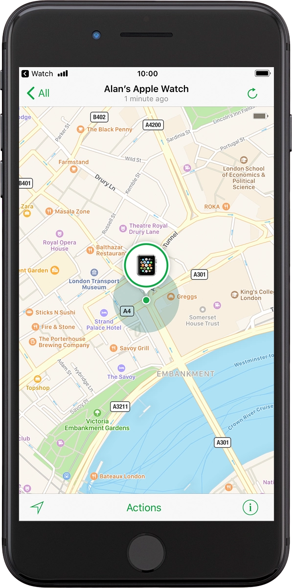 The latest position of your Apple Watch is displayed on the map.