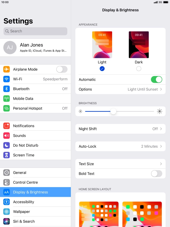 If you turn on the function, press Options and follow the instructions on the screen to select the required period of time for Dark Mode.