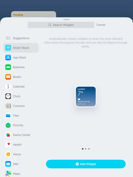Slide your finger right or left on the screen to select the required widget size.