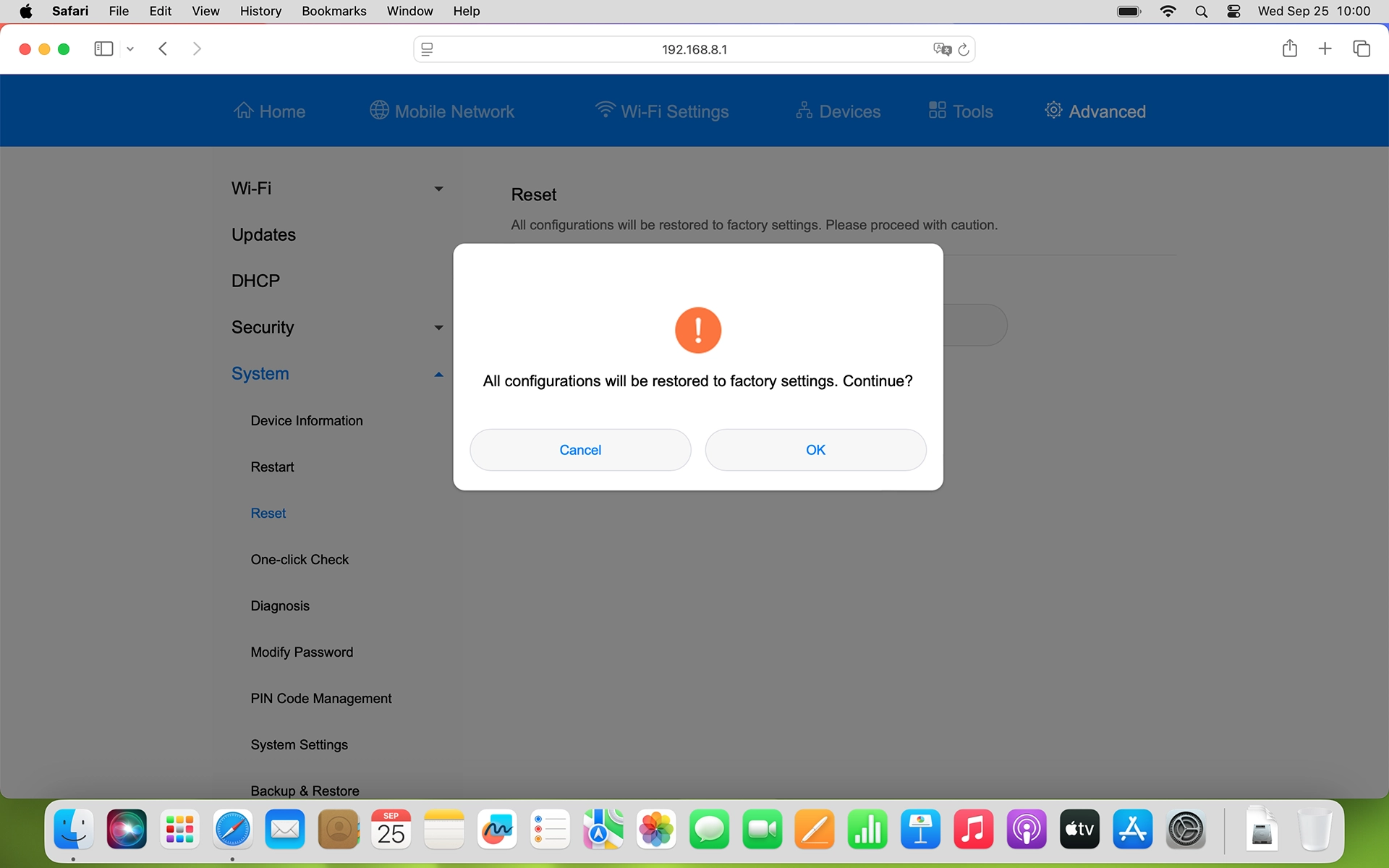 Click OK and wait while your router restores the factory default settings.