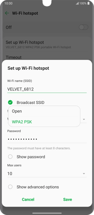 Press WPA2 PSK to password protect your Wi-Fi hotspot.