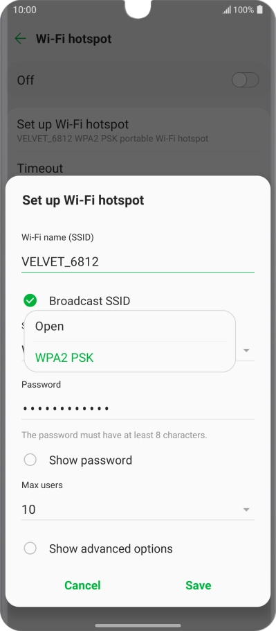 Press WPA2 PSK to password protect your Wi-Fi hotspot.